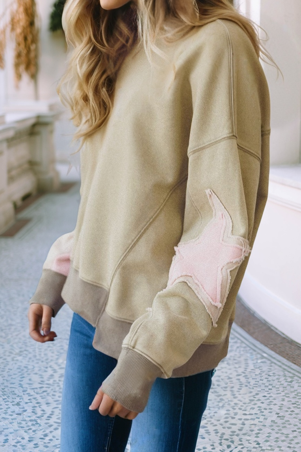 LDC Contrast Star Patchwork Exposed Seam Shoulder Sweatshirt