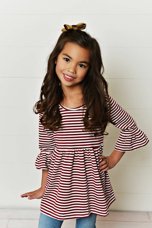 Kids Fall Winter Maroon Stripe Ruffle Sleeve Shirt Blouse