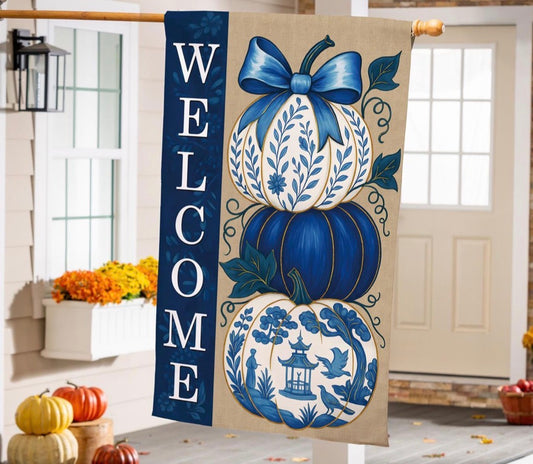 Chinoiserie Welcome Pumpkin Burlap House Flag