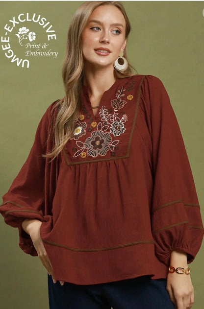 Floral Embroidered Split Neck Babydoll Blouse
