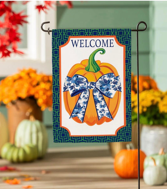 Pumpkin With Chinoiserie Bow Burlap Garden Flag,