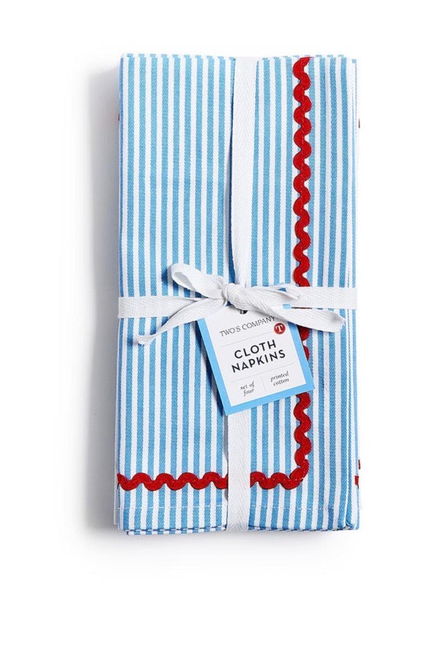 Set of 4 Blue Stripe w/Red Ric Rac Trim Cloth Dinner Napkins -