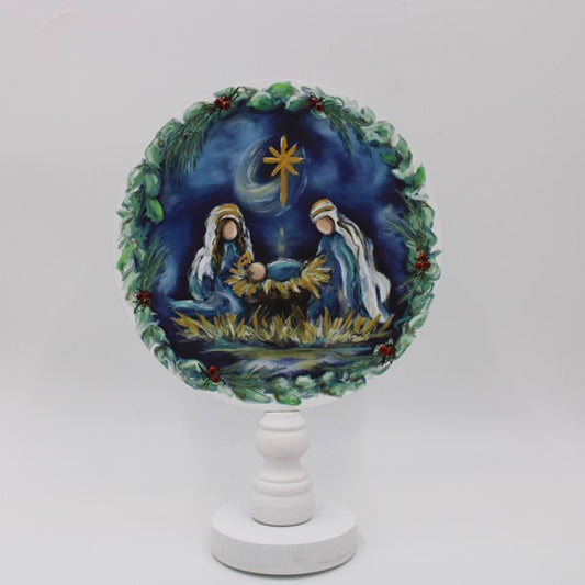 Round nativity, wood table top on finial base