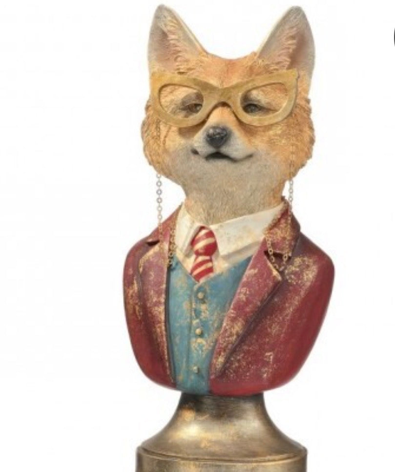 12.5" RESIN FOX BUST W/GLASSES