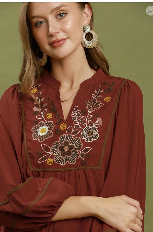 Floral Embroidered Split Neck Babydoll Blouse