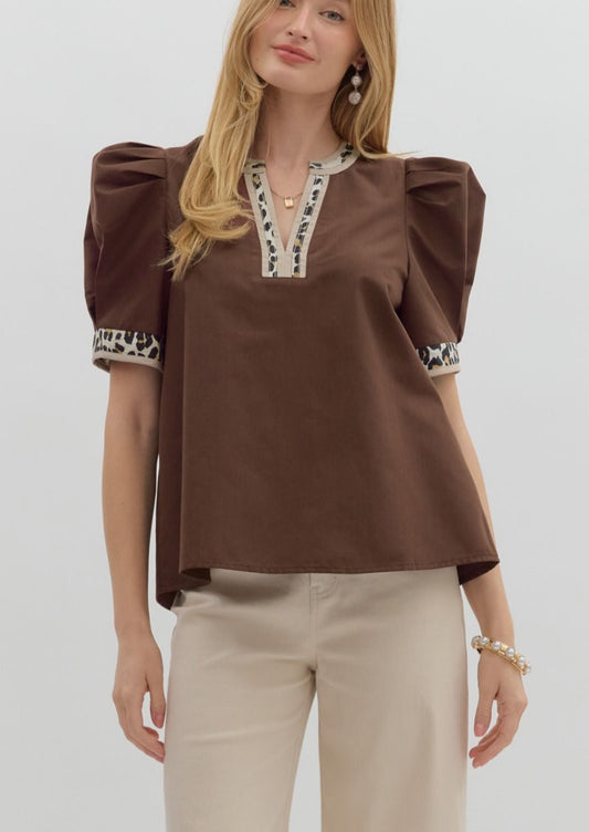 Plus Solid Pleated Voluminous Sleeve Top with Leopard Accent in Brown by Entro