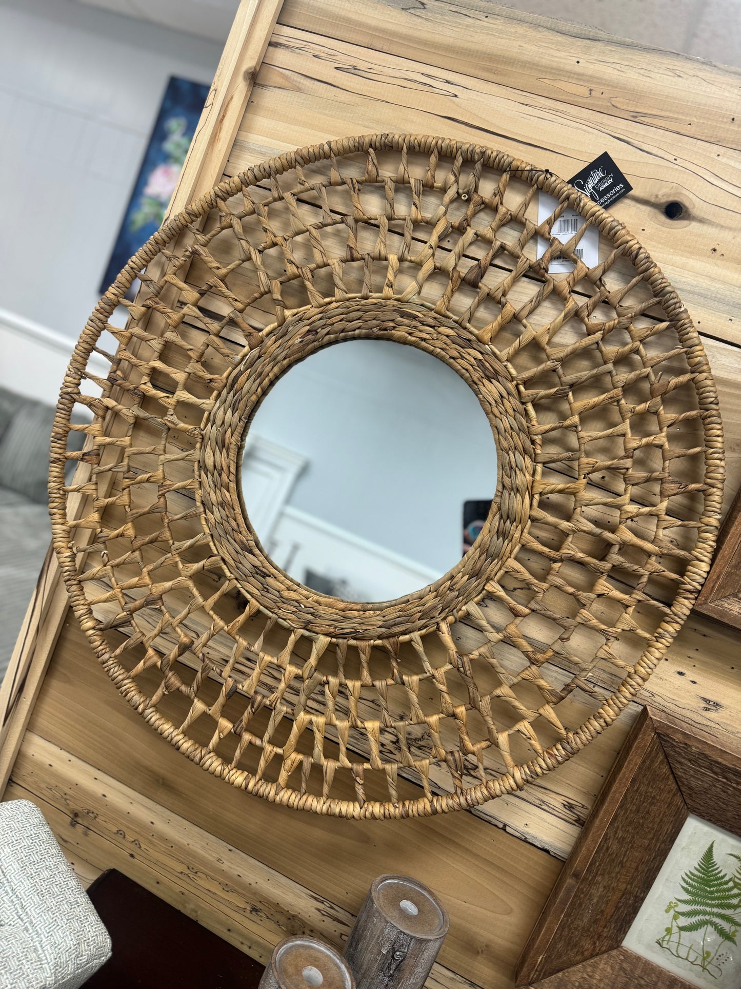 Round rattan mirror