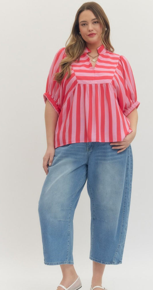 Stripe print short puff sleeve top