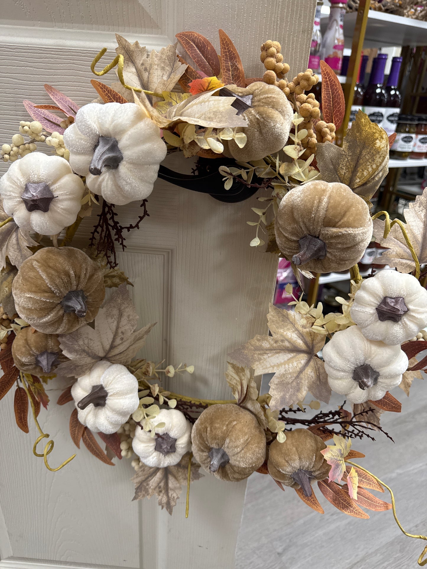 20 inch velvet, pumpkin flocked berry wreath