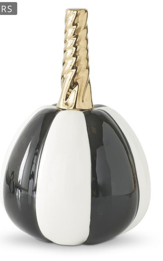 White and black striped ceramic pumpkin with gold stem