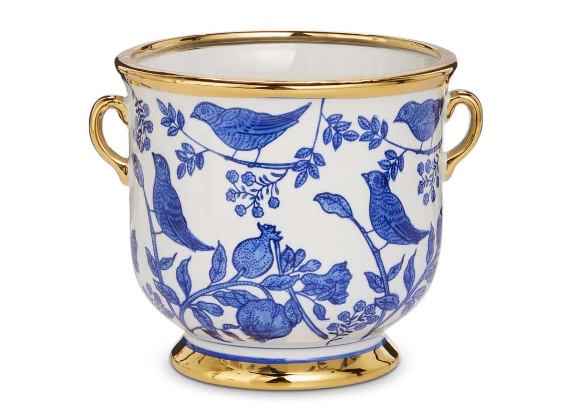 7.5" Blue Bird Cache Pot With Handles