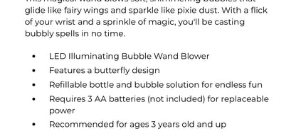 Fairy Butterfly LED Illuminating Bubble Wand Blower with Refillable Bottle and Solution in Gift Box (requires 3 AA batteries, not included, replaceable) - Plastic/Bubble Solution