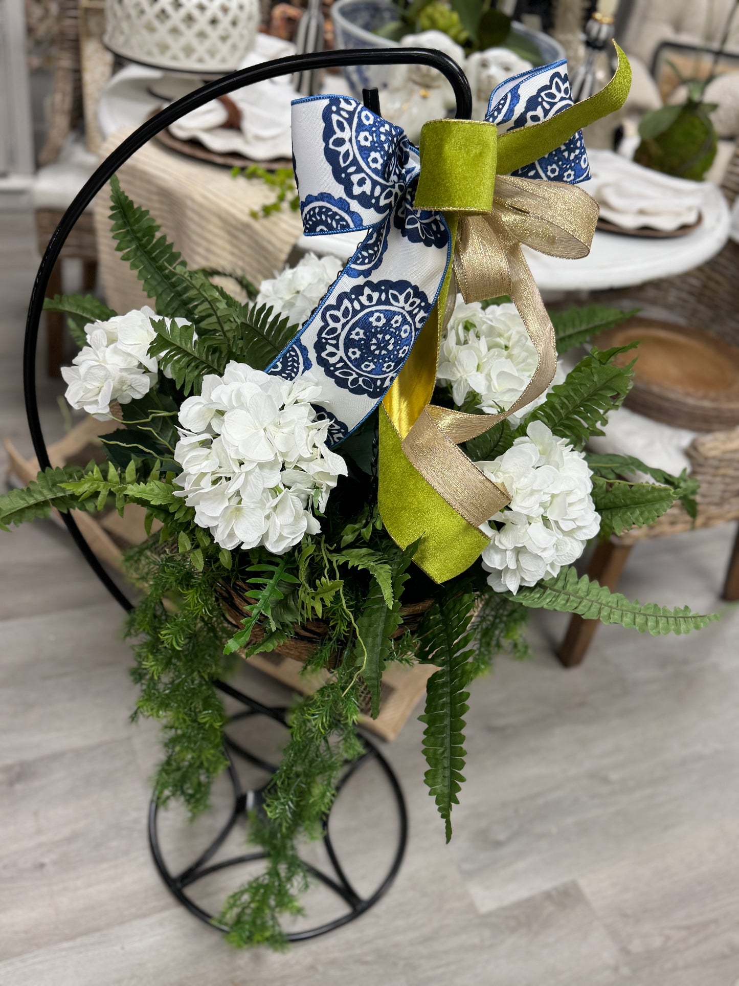 White hydrangea hanging basket arrangement only