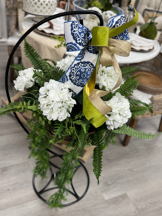 White hydrangea hanging basket arrangement only