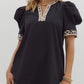 Solid pleated short puff sleeve mini dress