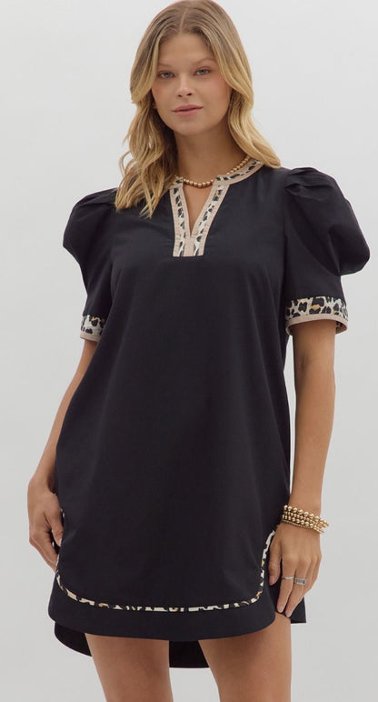 Solid pleated short puff sleeve mini dress
