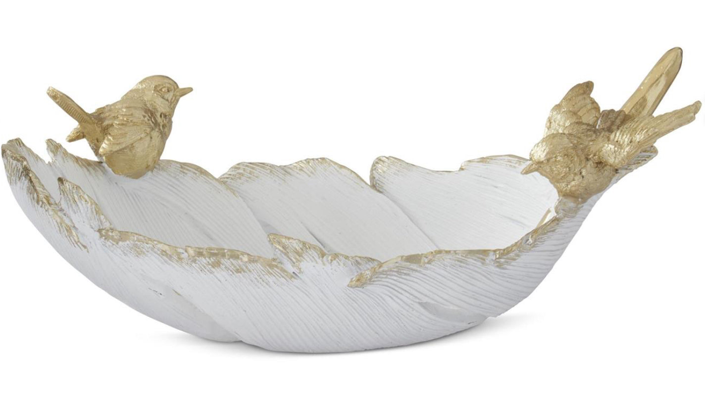11.75 Inch Resin White & Gold Feather Dish w/Birds