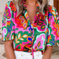 Summer plant print lace up v neck puff blouse