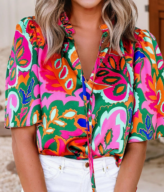 Summer plant print lace up v neck puff blouse