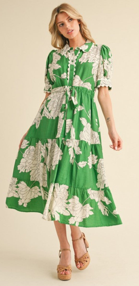 Flower print belted midi dress