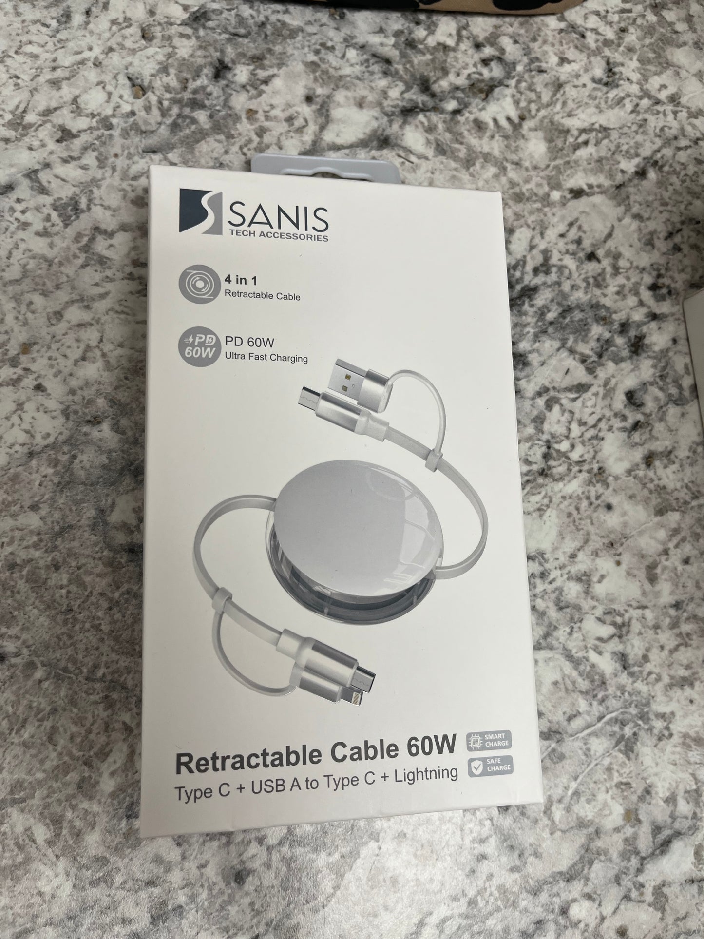 60w USB+type c to type c+ lighting retractable cable