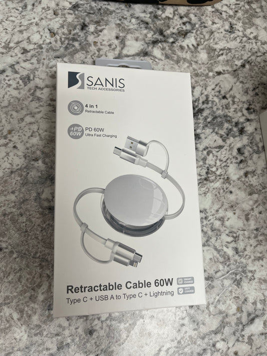 60w USB+type c to type c+ lighting retractable cable