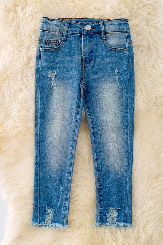 Girls denim pants with distressed hem