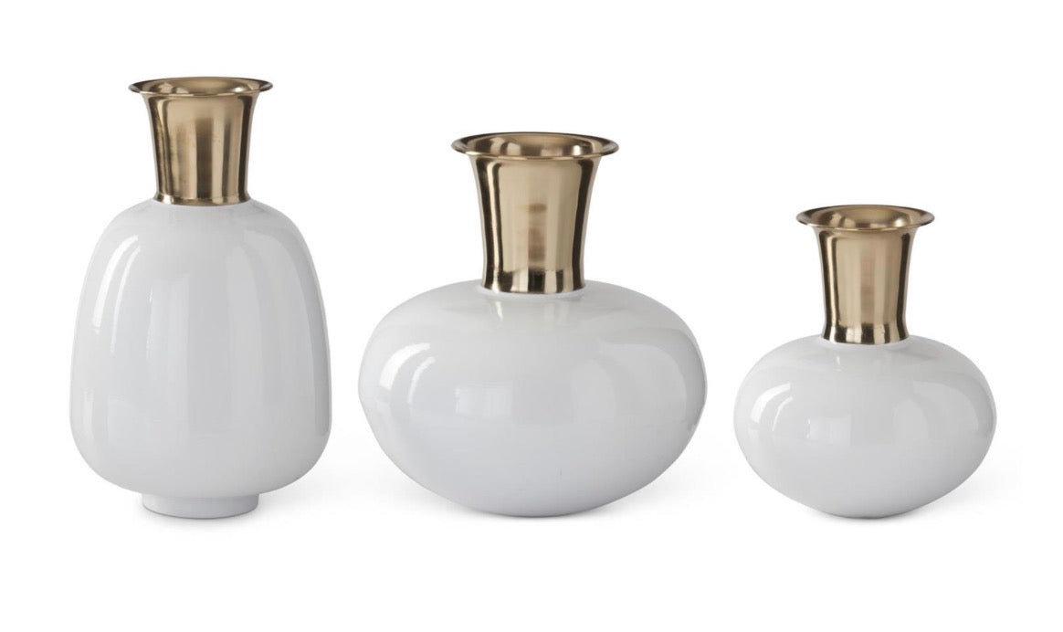 BRASS & WHITE ENAMEL VASES