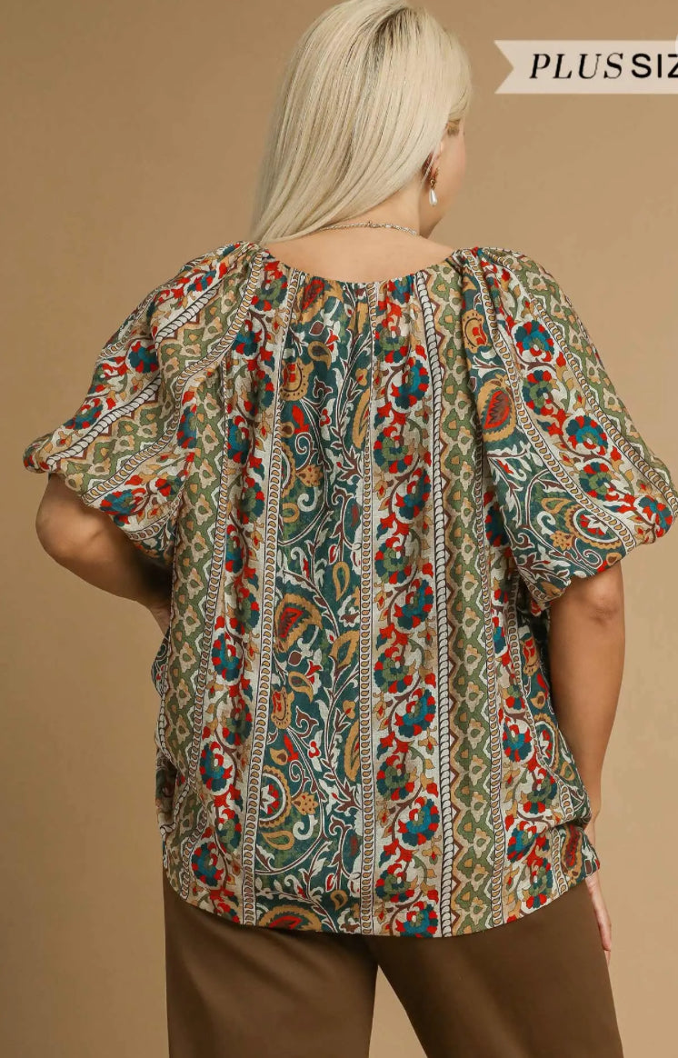 Boho Floral Stripe Puff Sleeve Blouse