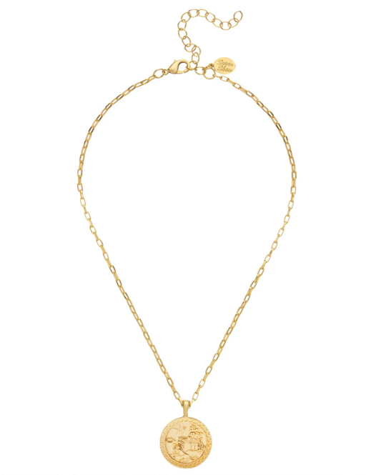 Blue willow plate on gold dainty oblong chain necklace