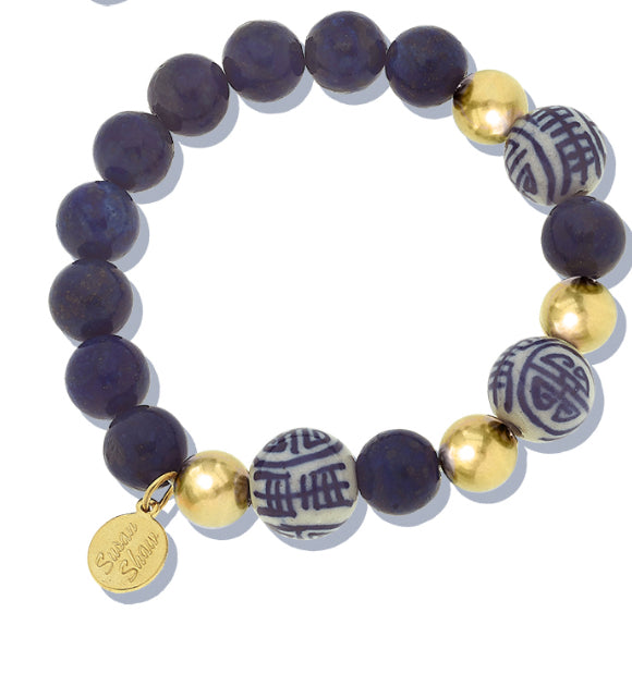 Lapis&blue&white handpainted porcelain stretch bracelet
