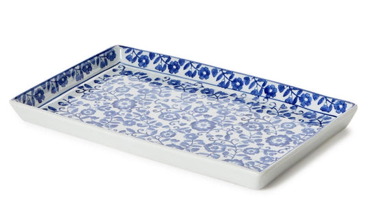 CHINOISERIE HAND-PAINTED BLUE AND WHITE FLORAL TRAY