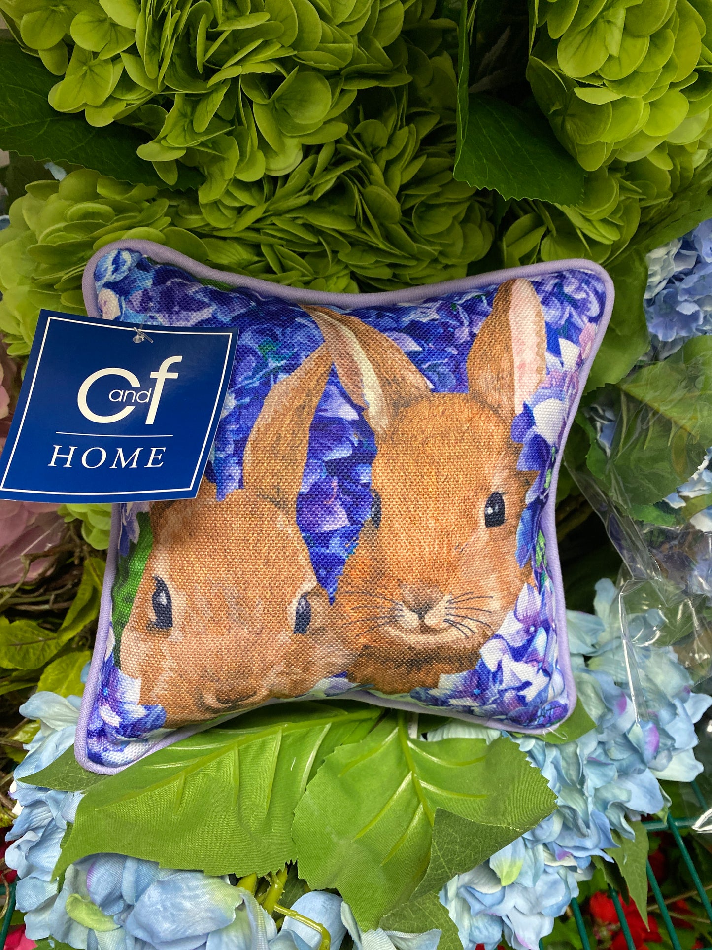 Bunnies in hydrangeas mini pillow