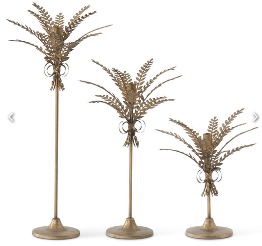 Antique Gold Metal Wheat Taper Candleholders