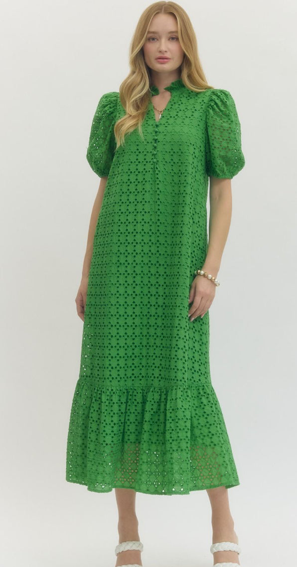 Eyelet short puff sleeve midi dress