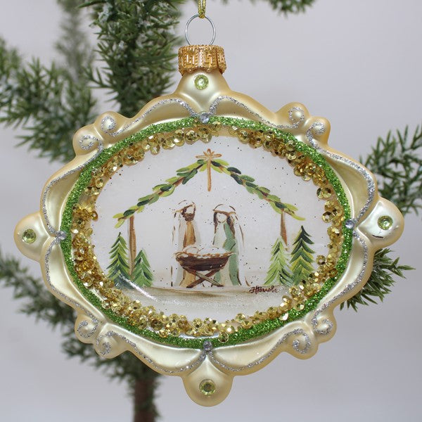 Glass evergreen nativity ornament gold trim