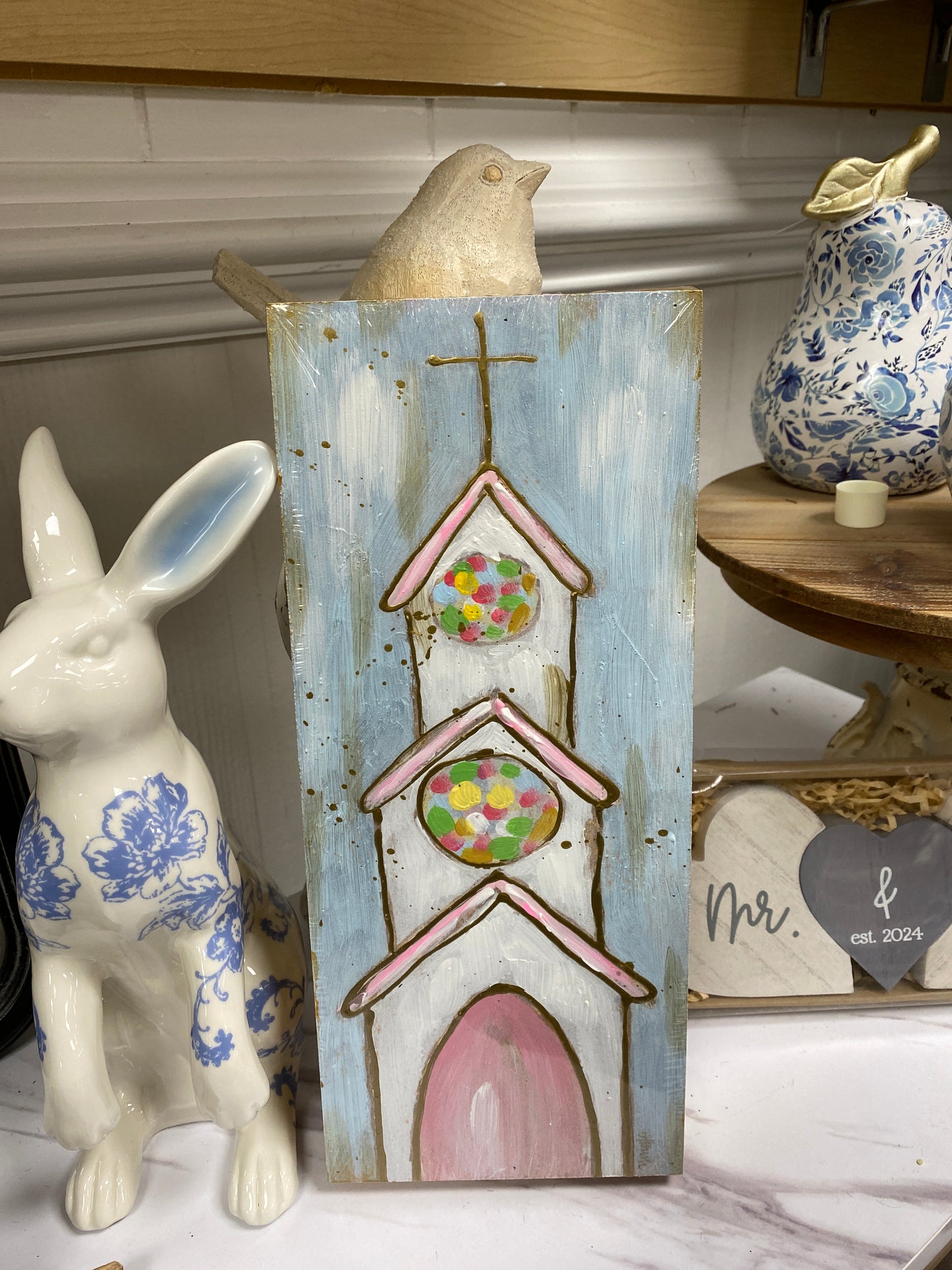 Hand Painted Pastel Cross and Church