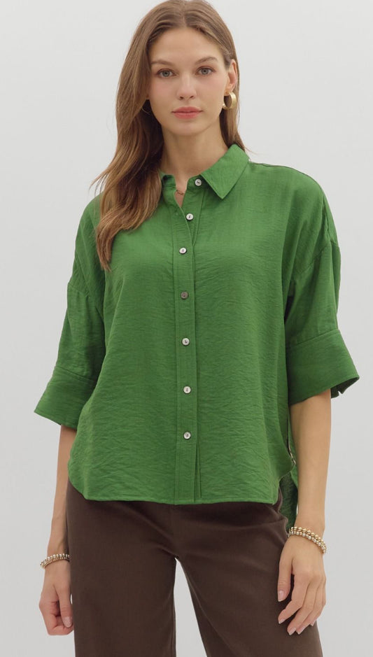 Fern green button up with animal print detail by Entro