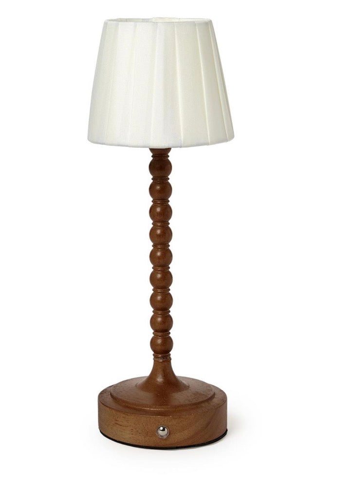 LED Cordless Beaded Wood Pole Table Lamp with Fabric Pleated Shade in Gift Box