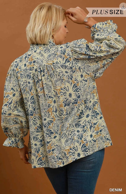 Floral Print Lace Trim Button Front Blouse
