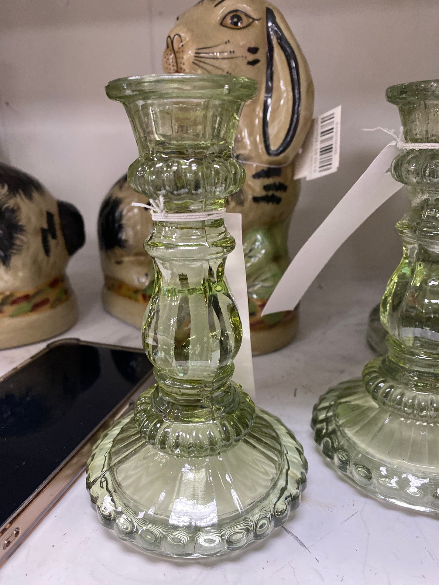 Vintage Green Hobnail Candlesticks