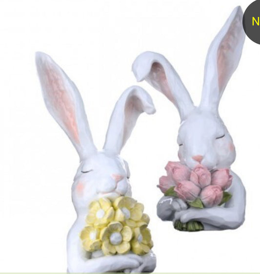 12” resin thoughtful bunny with flowers