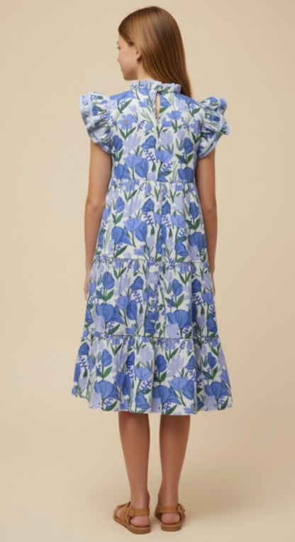 GIRLS CONTRAST PIPED RUFFLE NECK
FLORAL TANK DRESS
