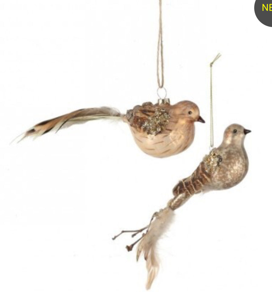 8" GLASS W/FEATHER QUAIL ORNAMENT