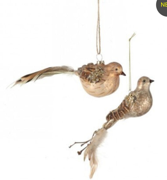 8" GLASS W/FEATHER QUAIL ORNAMENT