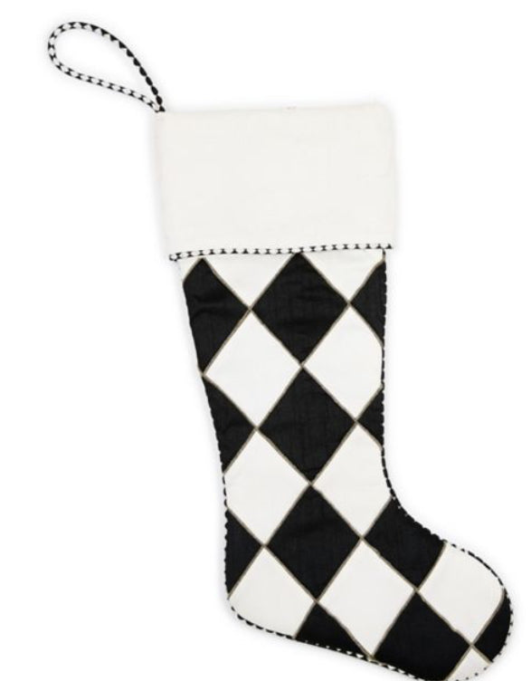 MacKenzie Childs courtly noel cream harlequin stocking