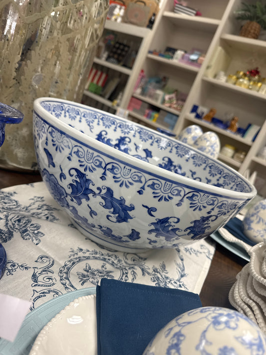16.25 Inch Blue & White Chinoiserie Ceramic Bowl