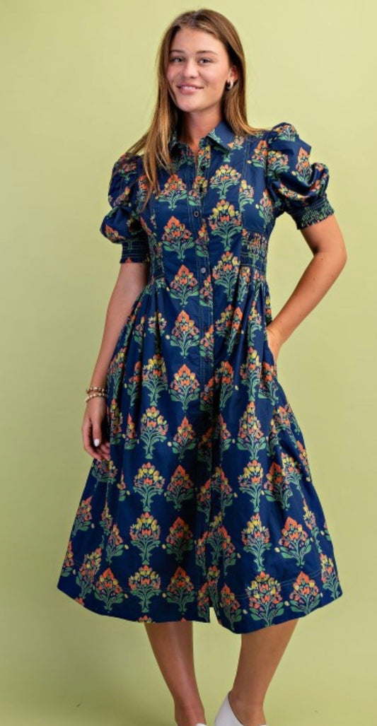 Navy floral print puff sleeve midi shirt dress with smocked waist