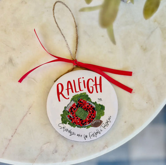 Raleigh, NC, enamel, and wood ornament