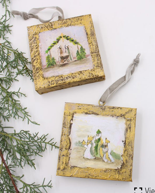 Evergreen nativity canvas ornament